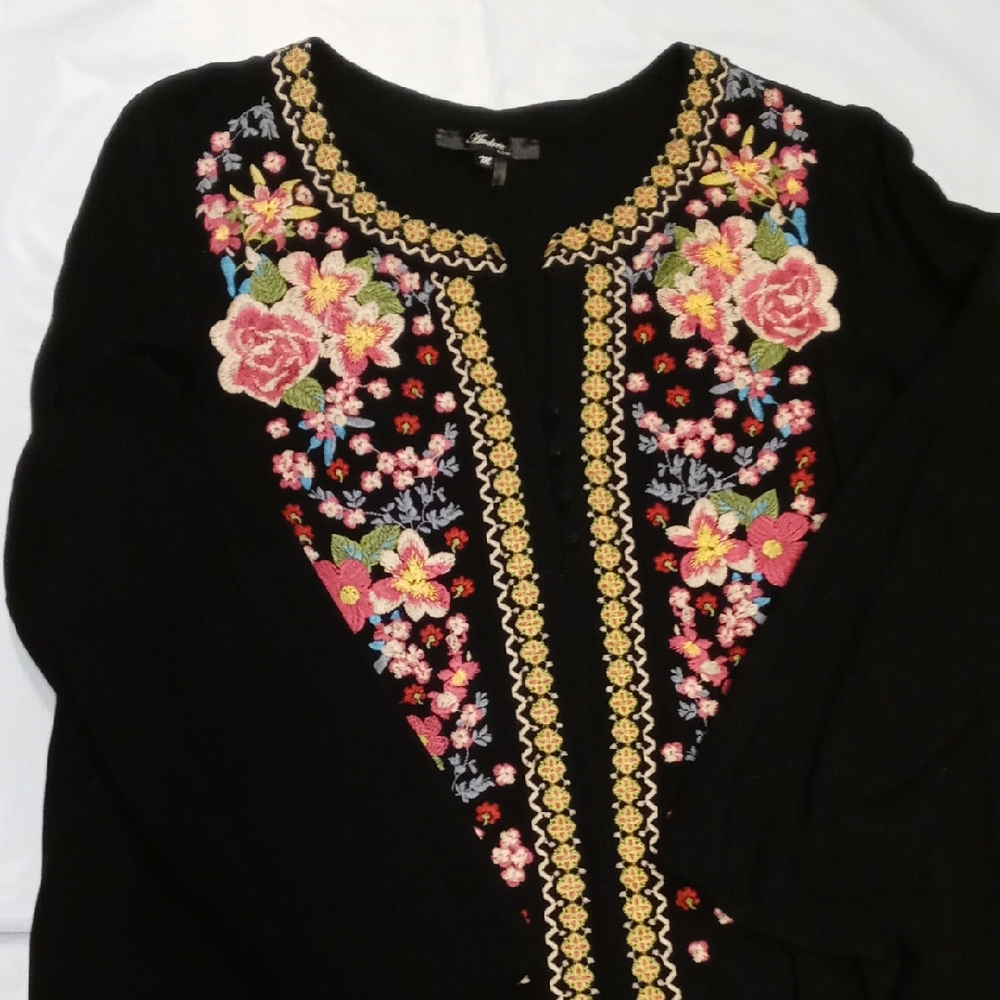 Floral Embroidered Dark Blue Top Size M